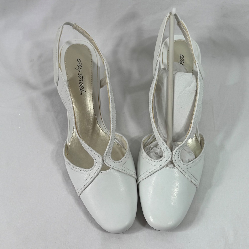 Easy Street Stitch White Slingback Pumps Low Block Heel Cutout Dress Shoes 10M